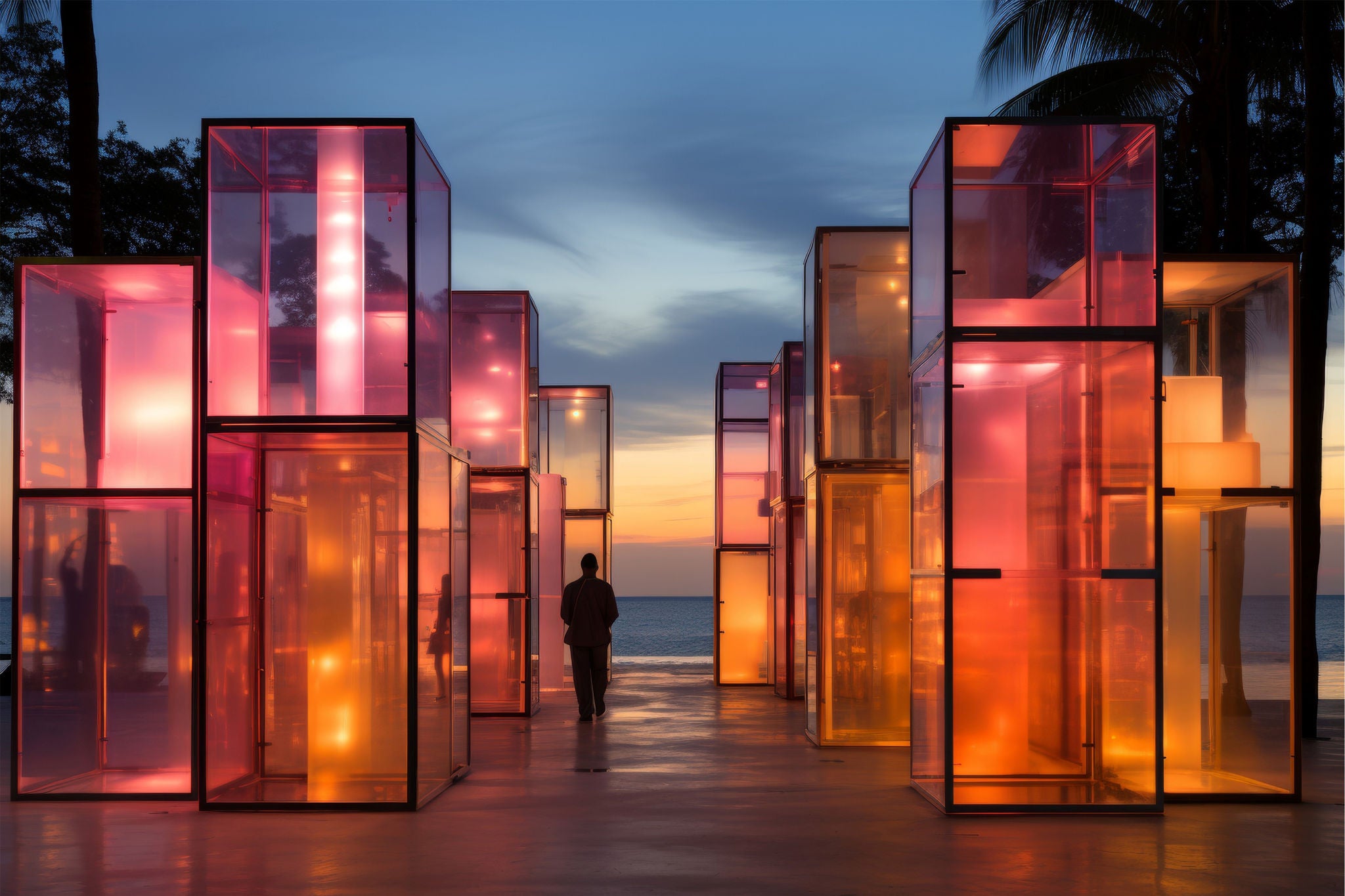 structures-en-verre-colorees-au-coucher-du-soleil-pres-de-la-mer