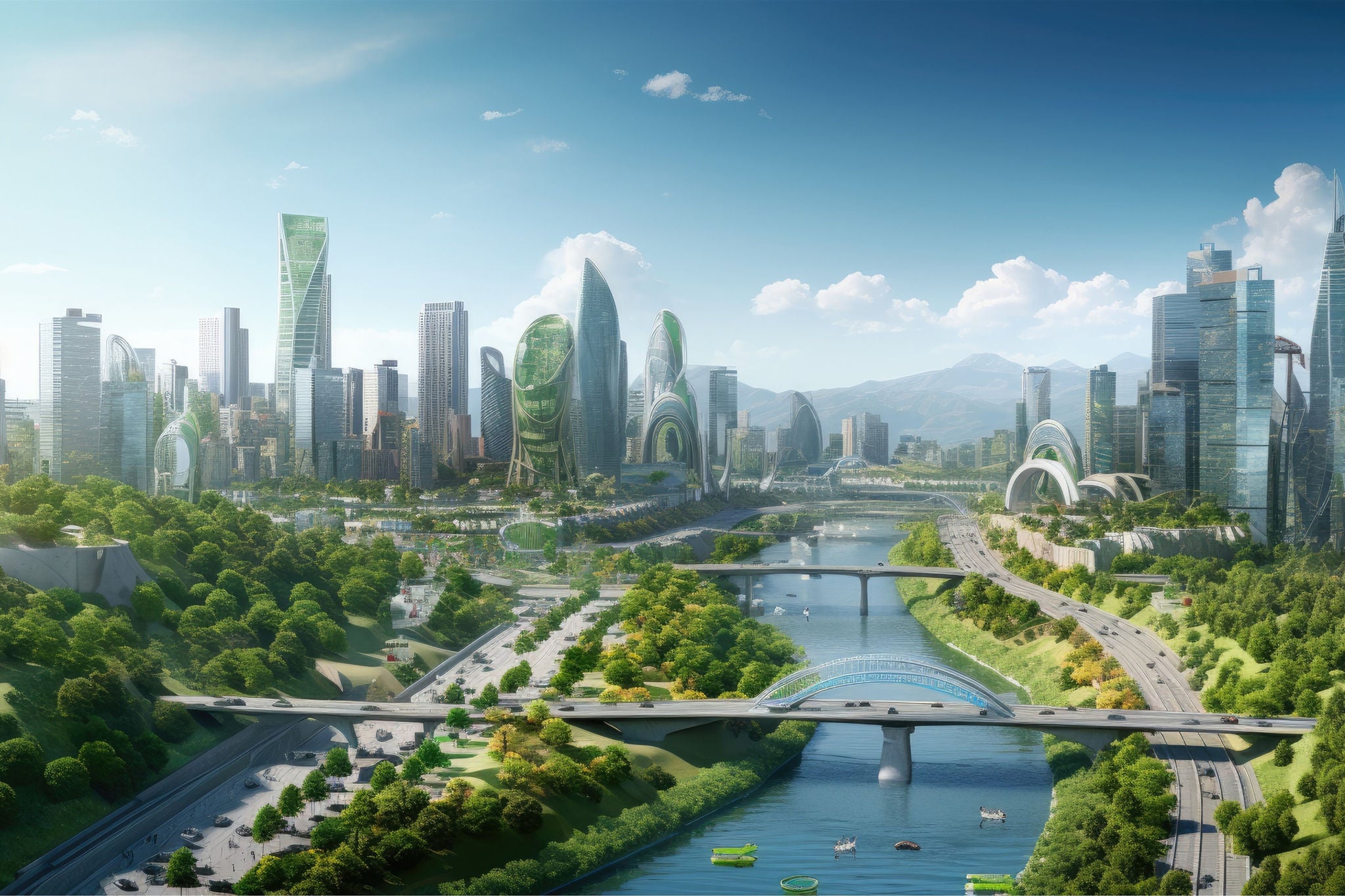 Futuristic cityscape with greenery and unique architecture.