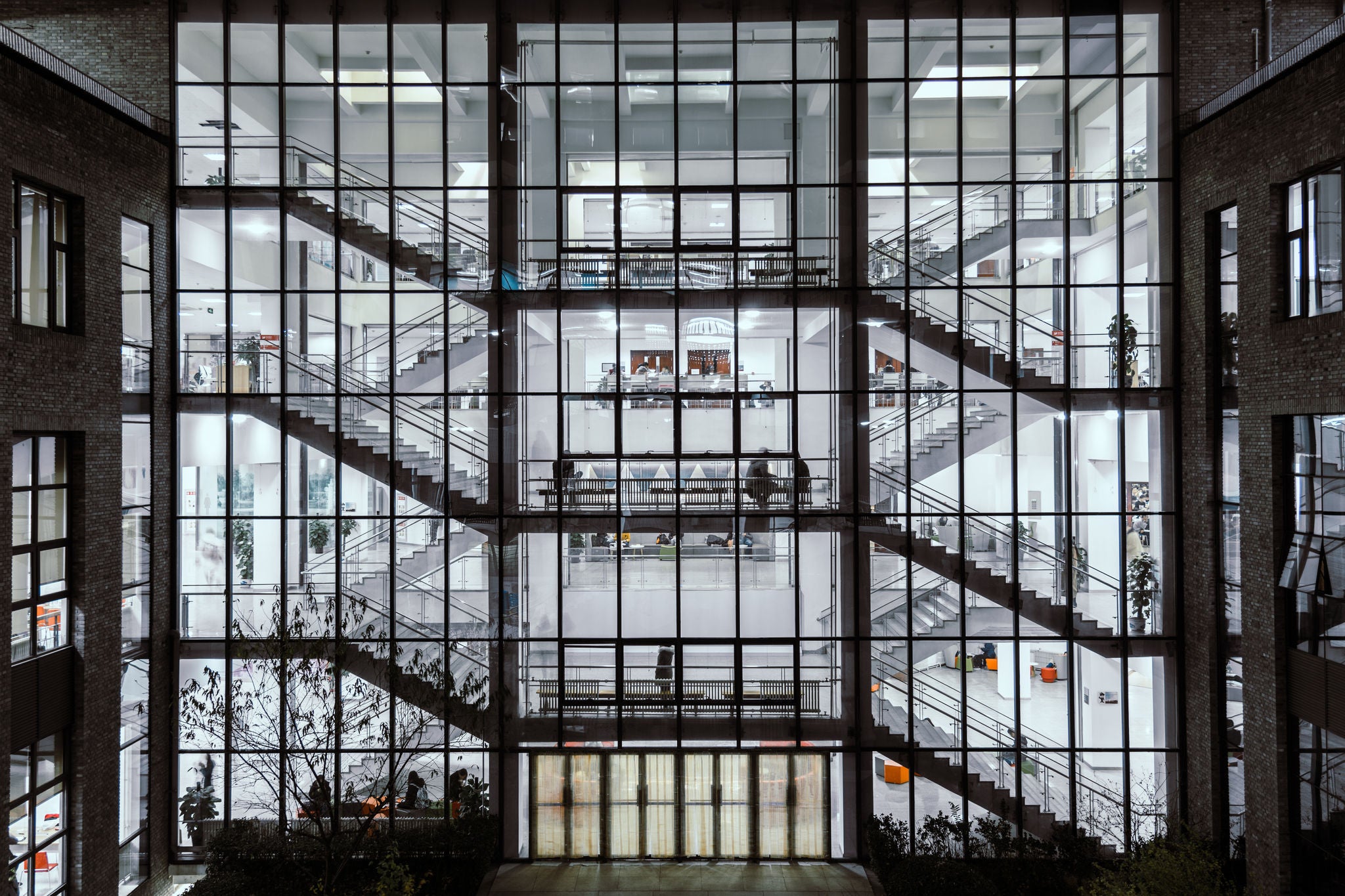 Inside the office building at night